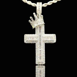 14K White Gold Finish Crowned Cross - Free 24" x 3mm Rope Chain.